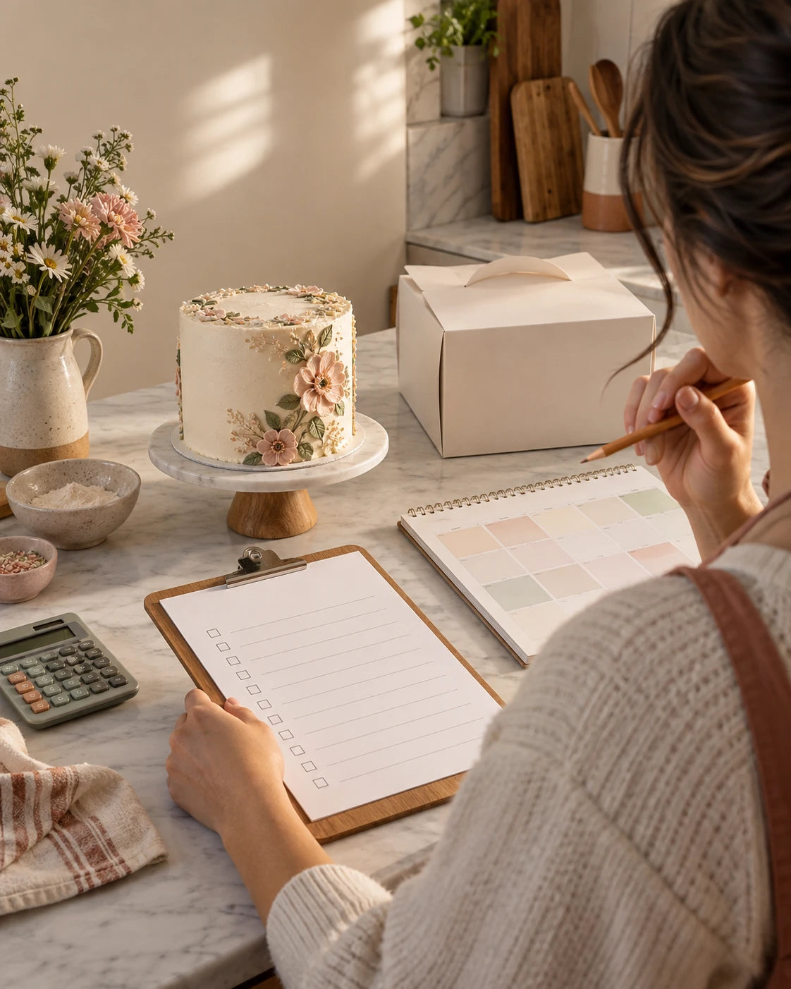 A home baker checking a custom cake order against her calendar and order notes