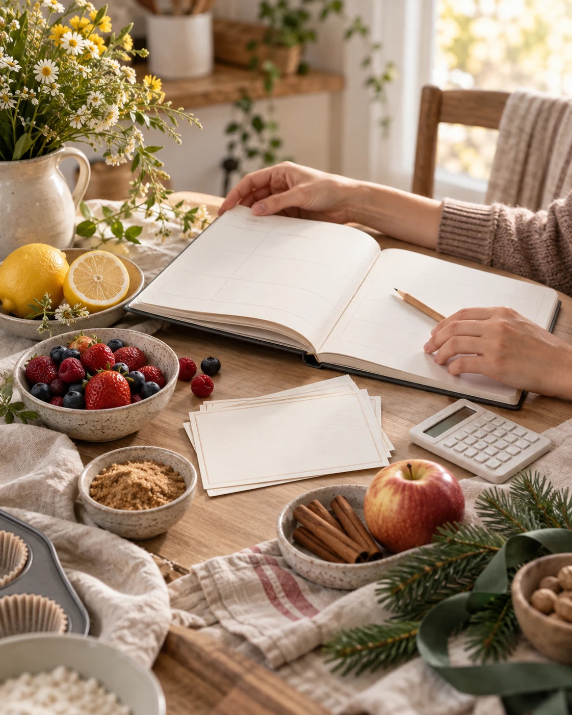 A home baker planning a seasonal menu at a table with berries, citrus and warm spices