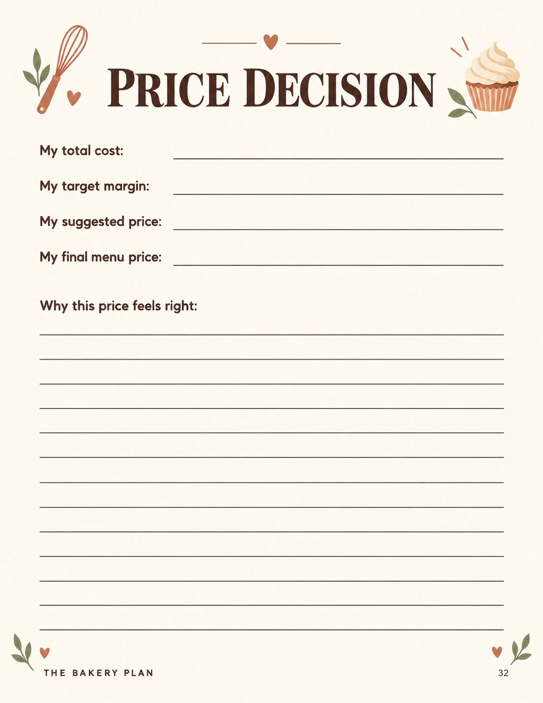 Price decision page for understanding and choosing your menu price