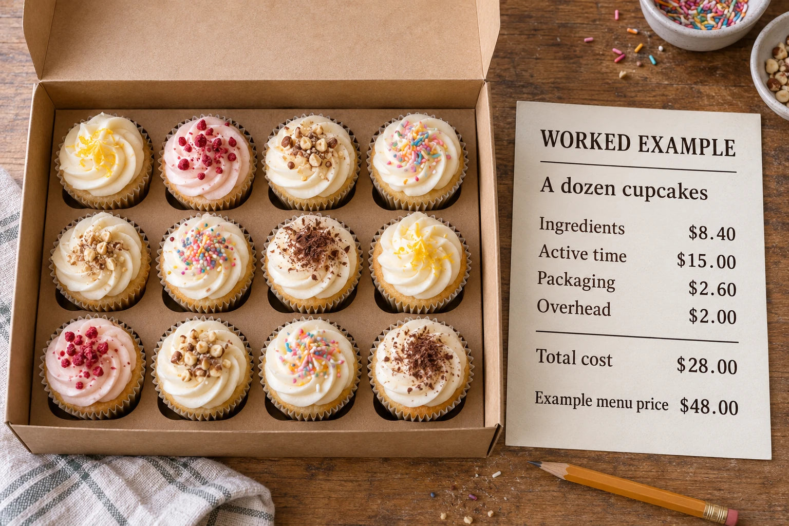 Worked example: twelve cupcakes, $28 in costs including $15 for time, and a $48 example price